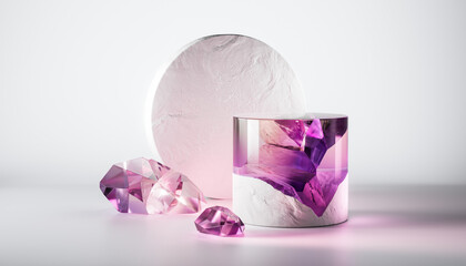 3d render abstract podium on white background. Gem stones pedestal for product design display. Isolated crystals. Empty showcase promotion mock up. Minimal blue transparent pink quartz round stage.