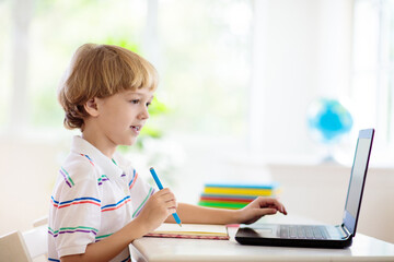 Poster - Online remote learning. School kids with computer.