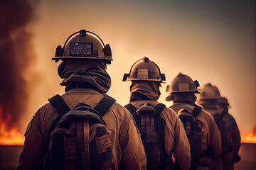 Fictional people, Group of firefighters in smoke and fire accident, with special helmets, back to camera, AI generated