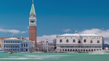 Campanile Di San Marco (St Mark's Belfry) And Palazzo Ducale (Doge's Palace), From San Giorgio Maggiore Timelapse Hyperlapse, Venice, Italy. Blue Cloudy Sky At Summer Day