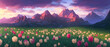 A field of tulips against the backdrop of mountains. Spring banner vector illustration. huge field of colorful tulips.