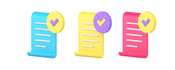 Poster - Paper document success check mark done agreement contract acceptance 3d icon set realistic vector