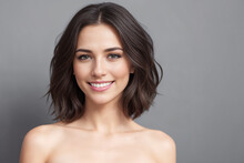 Beautiful Woman Brunette Beauty Close-up Portrait On Gray Background. Generative AI