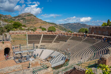 View Of The Greek Theatre In Taormina, Taormina, Sicily, Italy, Mediterranean, Europe