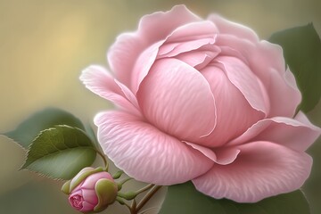 Rosa chinensis (China rose, Monthly rose), close up macro image of the soft pink flower head and bud. Generative AI