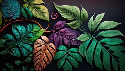 Wall Mural - A lush and vibrant scene of tropical leaves in the form of vines on a textured background. The leaves are rich with color and texture, creating a tranquil and serene atmosphere.  generative ai