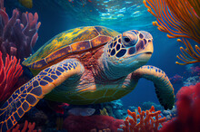 Close Up Underwater Wild Turtle Floating Over Blue Beautiful Natural Ocean Background, With Sunlight Through Water Surface. Generative AI Painting