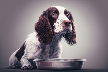 Wall Mural - Purebred English springer spaniel dog portrait sipping from bowl on gray background. motion, domestic animals, and animal life. Ad copy space. Generative AI