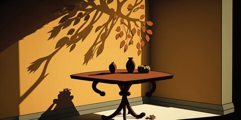 Sticker - A brown table with a minimalist fall scene and shadows on the wall. Generative AI