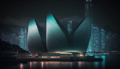 Wall Mural - Bioluminescent modern architecture Hong Kong Generative AI