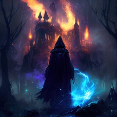 Wall Mural - A wizard in a dark forest stands in front of a gothic old castle. Generative AI Art