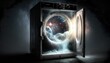 Portal zu einem Universum innerhalb einer magischen Waschmaschine im Dunkeln, KI generiert