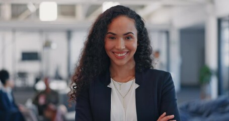 Wall Mural - Business, leadership and face of woman in office building with crossed arms for vision, success and goals. Startup, smile and portrait of Brazilian female worker with confident, mindset and mission