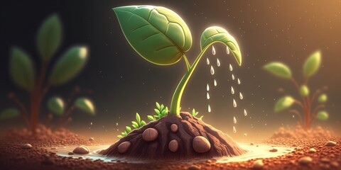 Canvas Print - watering a seedling in the ground. On a warm summer day, water drops are falling onto a young sprout in the garden. Generative AI