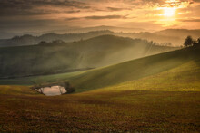 Sunset Over Italian Countryside And Hills With A Small Lake, Italy, Europe