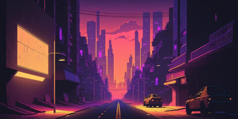 Wall Mural - A cyberpunk city in the neon urban future. Illustration of the futuristic city done in photorealism. Yellow and purple neon lights illuminate a deserted street. Generative AI