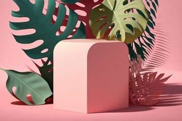 Poster - Product presentation mock up podium with pink background and tropical leaf shadow. Illustration. Generative AI