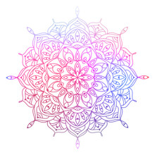 Hand Drawn Multi Color Gradient Mandala With Floral Elements. Beautiful Vintage Colorful Doodle Ornament. Ethnic Mosaic Oriental Vector Outline Sketch Illustration Isolated On White Background