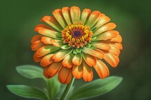 On A Summer Day, A Macro Photographer Captured A Blooming Orange Zinnia Flower On A Green Background. Summertime Close Up Of An Orange Petalled Zinnia In A Garden. Generative AI