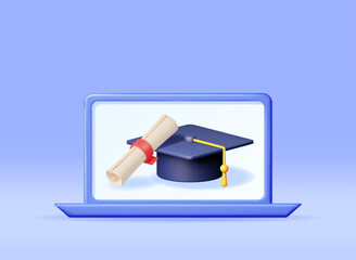 Wall Mural - 3D Computer with Graduation Cap and Diploma Isolated. Render Computer Laptop and Graduate Hat with Certificate. Online Education Concept E-learning, Online Courses. Vector Illustration