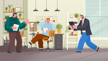 Wall Mural - People talking at workplace. Office workers colleagues communication. Employees working under business project together, sitting at table, . Effective and productive team work, employee conversation