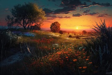 Wall Mural - An Idyllic Setting for Reflection - A Relaxing Sunset on the Meadow Generative AI