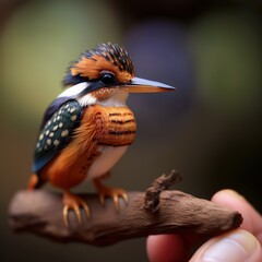 Wall Mural -  a small colorful bird perched on a tree branch with a hand holding a branch with a small bird perched on it's branch and a blurred background.  generative ai