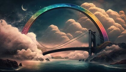 Wall Mural -  a painting of a rainbow bridge over a body of water with clouds and a moon in the sky above it, and a rainbow in the middle of the picture.  generative ai