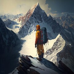 Wall Mural -  a man with a backpack standing on a mountain top looking at the view of a snowy mountain range in the distance, with a mountain range in the background.  generative ai