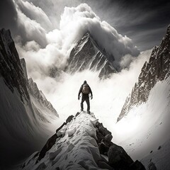 Wall Mural -  a man standing on top of a snow covered mountain under a cloudy sky with a mountain range in the background and a mountain range in the foreground.  generative ai Generative AI Generative AI