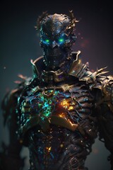 Wall Mural -  a man in a futuristic suit with glowing lights on his chest and chest, standing in front of a dark background with a glowing light.  generative ai