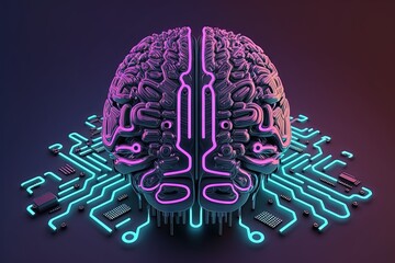 Poster -  a computer circuit board with a brain on top of it and neon lights around the top of the brain and the bottom of the circuit board.  generative ai