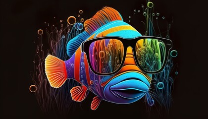 Colorful abstract line art happy animal with sunglasses fish