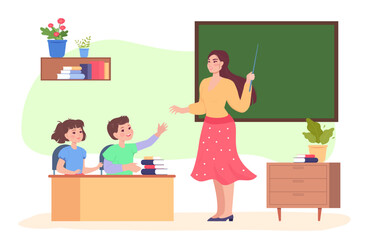 Wall Mural - Female teacher teaching little boy and girl in classroom. Pupils sitting at desk and woman standing near blackboard flat vector illustration. Education, knowledge concept for banner, website design