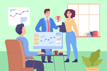 Fototapete - Company people discussing work or profit in office. Male worker at computer desk, manager and boss flat vector illustration. Business, economy, teamwork concept for banner or landing web page