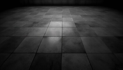 Poster -  a black and white photo of a tile floor with a light coming through the middle of it and a spot in the middle of the floor.  generative ai