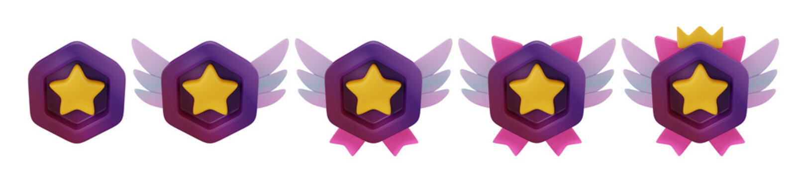 3D game badge set, RPG insignia icon kit, level up user point hexagon medal, fantasy ranking star. UI achievement cartoon design element, wings, trophy bonus reward. Game badge award ribbon button