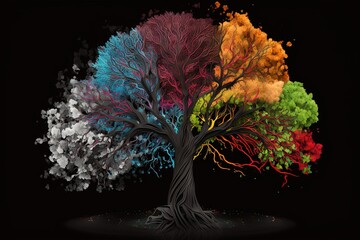 Wall Mural -  a colorful tree with a black background and a black background with a black background and a black background with a black background and a white tree with multi colored.  generative ai