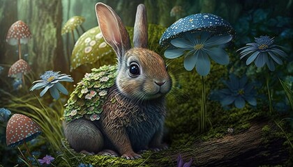 Wall Mural -  a painting of a rabbit sitting in a forest filled with mushrooms and flowers, with a forest scene in the background, and a mushroom - like mushroom - like structure in the foreground.  generative ai