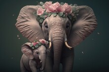 Beautiful Elephant Mother And Baby Elephant Animals With Flower Crown. Wildlife Mother’s Day Colorful Portrait Greeting Poster Generative AI.