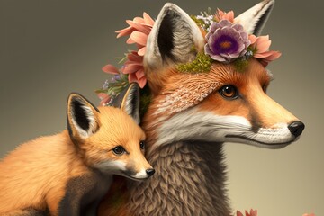 Wall Mural - Beautiful fox mother and baby fox animals with flower crown. Wildlife Mother’s Day colorful greeting poster Generative AI.