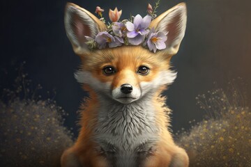 Wall Mural - Beautiful fox kid with flower crown. Wildlife colorful portrait wallpaper. Wild animal baby Generative AI.