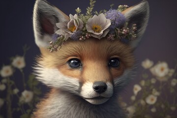 Wall Mural - Beautiful fox kid with flower crown. Wildlife colorful portrait wallpaper. Wild animal baby Generative AI.