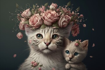 Wall Mural - Beautiful mother and baby cat animals with flower crown. Colorful portrait wallpaper. Mother’s day Generative AI.