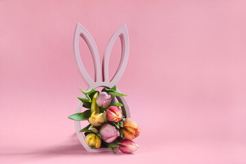 Wooden easter bunny with tulips