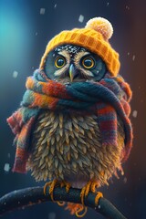 Wall Mural -  an owl with a yellow hat and scarf is sitting on a branch in the snow wearing a scarf and a knitted hat with a pom pom pom pom. Generative AI