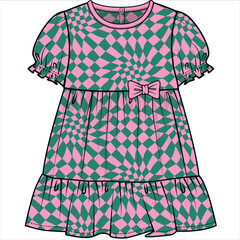 Wall Mural - PUFF SLEEVES WOVEN DRESS WITH FRILL AND CHECKERED ALL OVER PRINT DETAIL FOR KID GIRLS AND TODDLER GIRLS IN VECTOR ILLUSTRATION