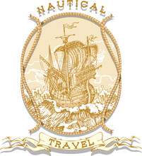 Vector Image Of The Emblem Of Sea Voyages, Regattas, Cruises In The Style Of Retro Graphic Line Art