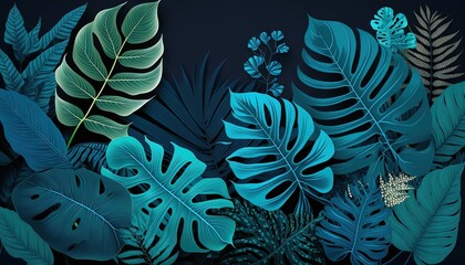  a group of green and blue leaves on a black background with a blue sky in the backround of the image is a dark background.  generative ai