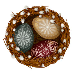 Wall Mural - Empty bird's nest from blooming willow branches, traditional festive easter eggs in nest, design element for merry easter holiday